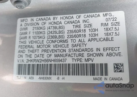 2022 Honda Cr-V Awd Ex из США, поврежденный, VIN 2HKRW2H56NH659437